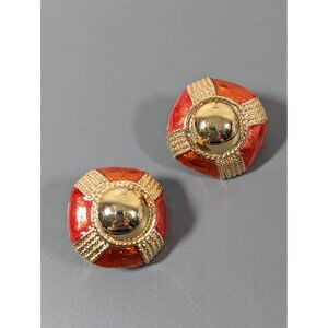Vintage CJD Orange Enamel Gold Tone Square Round Statement Clip On Earrings